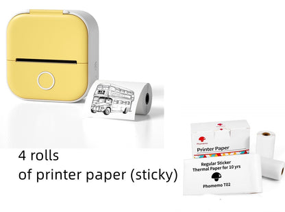 Yellow portable mini thermal printer with printed sticker paper roll and four rolls of sticky thermal printer paper