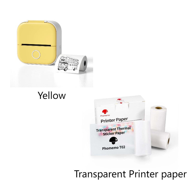 Yellow portable mini thermal Bluetooth printer printing black and white image with transparent thermal printer paper rolls