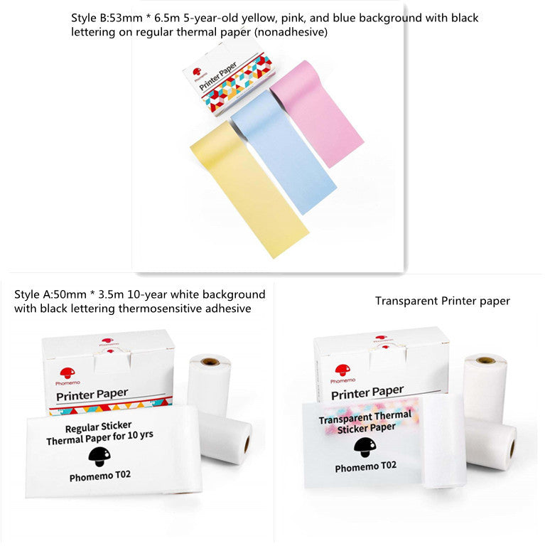 Rolls of colorful and regular thermal printer paper with Phomemo branding, for portable mini printers