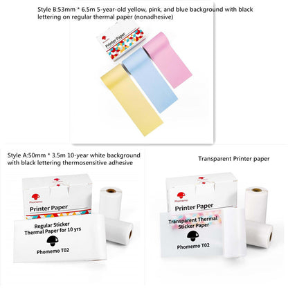 Rolls of colorful and regular thermal printer paper with Phomemo branding, for portable mini printers