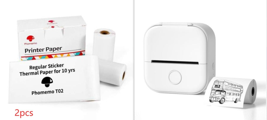 White portable Bluetooth mini thermal printer and Phomemo T02 regular sticker thermal paper rolls