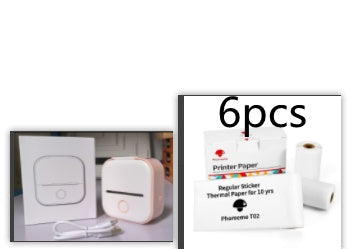 White portable mini Bluetooth thermal photo printer with USB cable and six rolls of printer paper