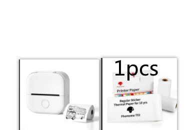 White portable mini thermal Bluetooth photo printer with inkless printing and a roll of sticker paper