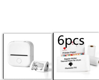 White portable mini thermal photo printer with Bluetooth and six rolls of inkless thermal paper