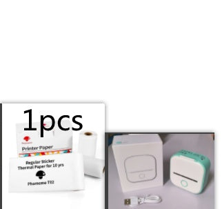 Portable white USB mini thermal printer with Bluetooth, inkless printing, packaging box, USB cable, and printer paper roll