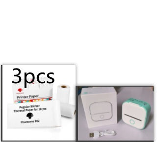 Portable white and green USB mini thermal printer with Bluetooth, USB cable, and three rolls of thermal printer paper