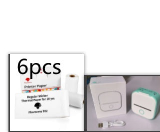 Portable white USB mini thermal printer with Bluetooth, box, and USB charging cable alongside six rolls of regular sticker thermal printer paper