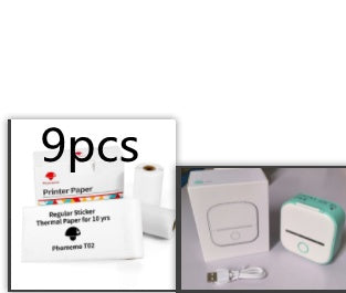 Portable white USB mini thermal printer with Bluetooth and inkless printing, included printer paper and USB cable