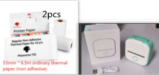 Two compact portable mini thermal Bluetooth printers, one white and one green, with rounded edges