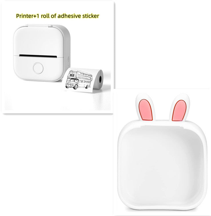 White portable Bluetooth mini thermal printer with adhesive sticker roll and cute bunny ears cover