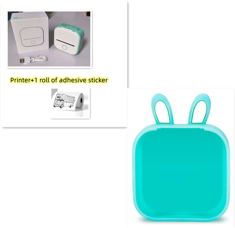White and green portable mini thermal printer with USB cable and adhesive sticker roll, compact Bluetooth photo printer