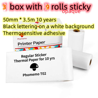 Three boxes with nine rolls of Phomemo T02 thermal printer paper, sticky, 50mm x 3.5m, 10-year durability