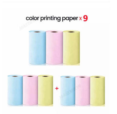 Nine rolls of color thermal paper in blue, pink, and yellow for portable printers