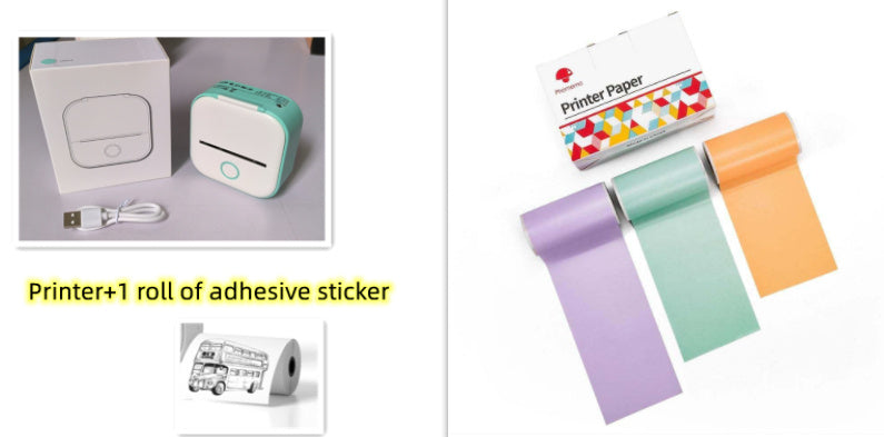 Portable white and turquoise mini thermal printer with USB cable and printing paper rolls in purple, green, and orange
