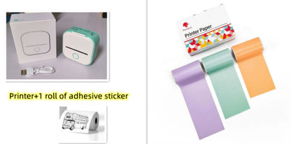 Portable white and turquoise mini thermal printer with USB cable and printing paper rolls in purple, green, and orange