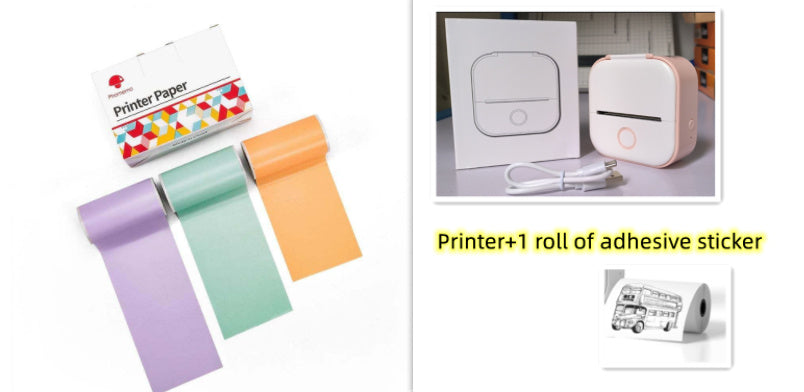 Portable white mini thermal printer with USB cable and colorful printer paper rolls including purple, green, and orange