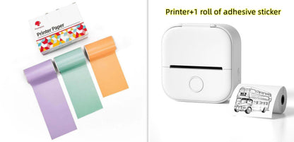 White portable mini thermal printer with printed bus sticker roll and three colorful printer paper rolls