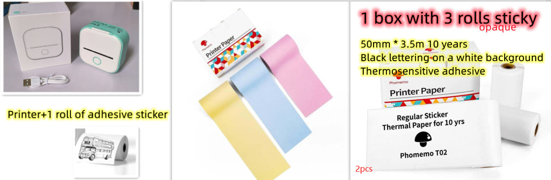 Portable white and mint green mini thermal printer with USB cable, inkless Bluetooth photo printer