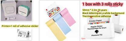 Portable white and mint green mini thermal printer with USB cable, inkless Bluetooth photo printer