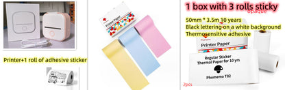 Portable white and pink mini thermal printer with USB cable and adhesive sticker roll for Bluetooth printing