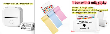White portable USB mini thermal printer with inkless printing and a roll of adhesive sticker paper