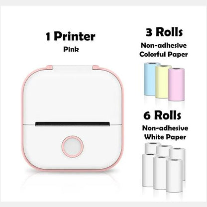 Pink portable mini thermal printer with 3 rolls colorful non-adhesive and 6 rolls white non-adhesive paper