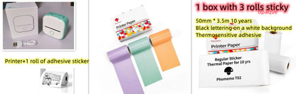 Compact white and mint green portable bluetooth thermal printer with USB cable and adhesive sticker roll