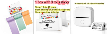 White portable Bluetooth thermal printer with inkless printing and three colored printer paper rolls