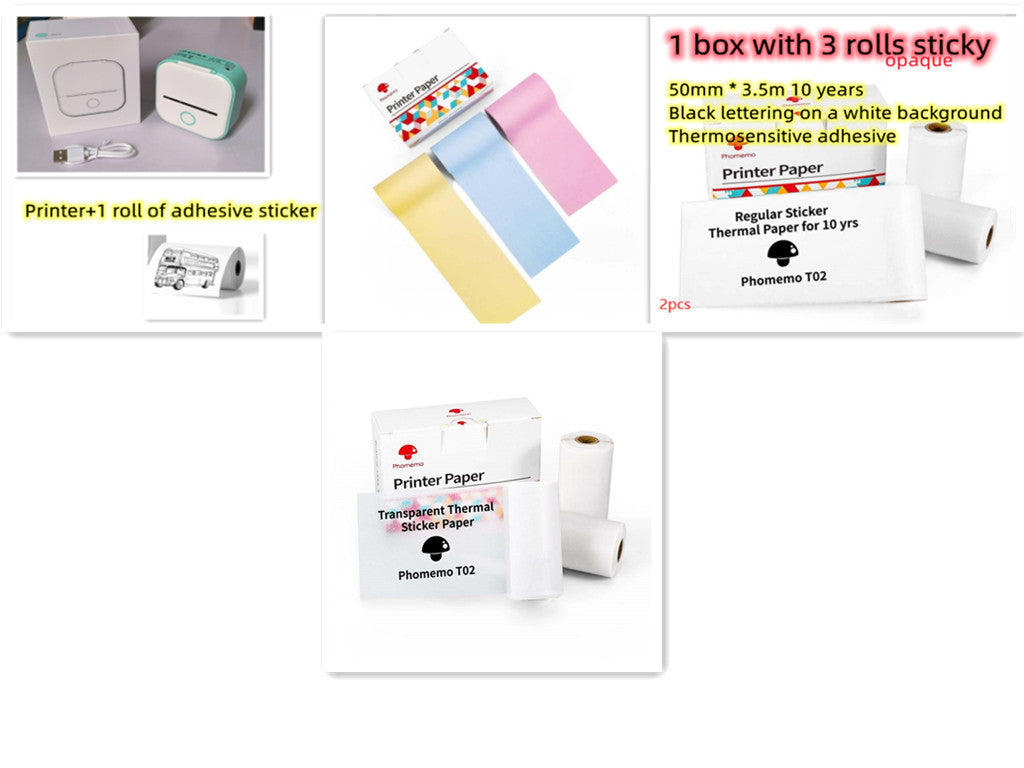 Compact white and mint portable thermal photo printer with USB cable and adhesive sticker rolls