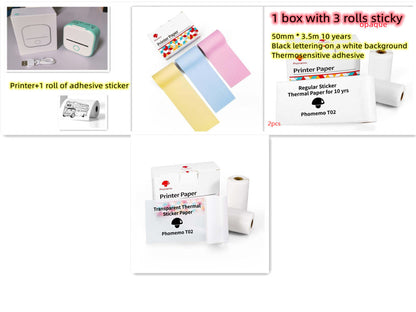 Compact white and mint portable thermal photo printer with USB cable and adhesive sticker rolls