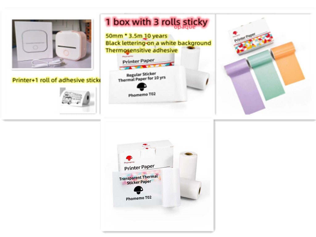 White portable mini thermal printer with USB cable and rolls of adhesive sticky thermal printer paper