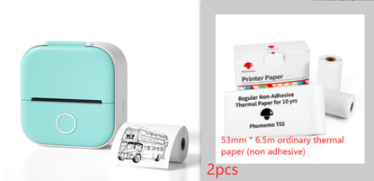 Compact mint green portable Bluetooth thermal printer with non-adhesive 53mm x 6.5m paper rolls