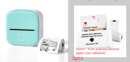 Portable blue mini thermal printer with inkless printing and roll of printed bus image on white background