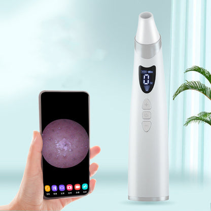 White USB blackhead remover with digital display and 20x magnification camera shown with smartphone skin close-up