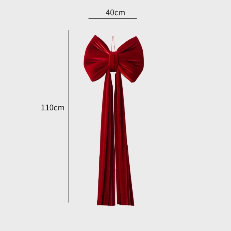 Large wine red velvet Christmas bow decoration 40cm wide and 110cm long with hanging ribbon