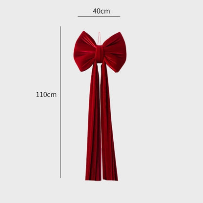 Large wine red velvet Christmas bow decoration 40cm wide and 110cm long with hanging ribbon