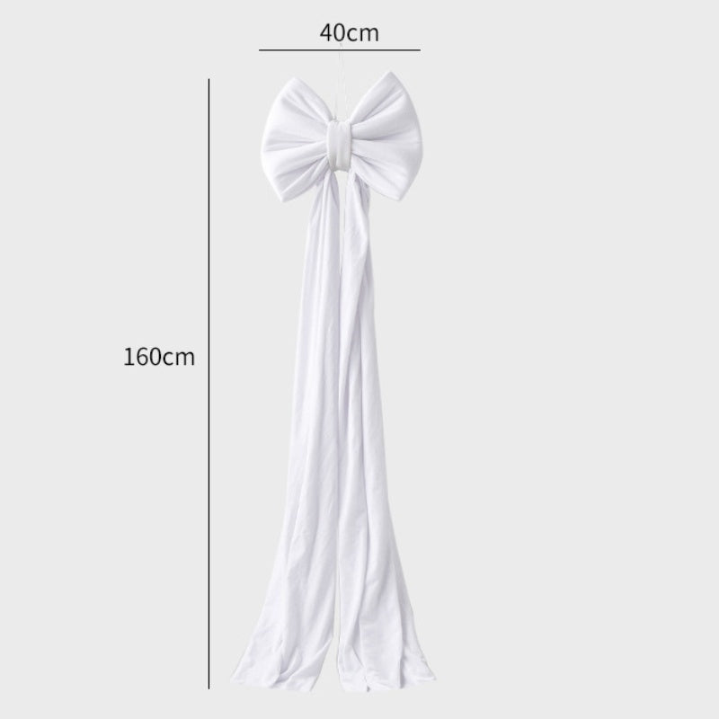 Large white fabric bow with long trailing ribbons, 40cm wide and 160cm long decoration