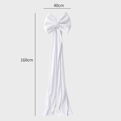 Large white fabric bow with long trailing ribbons, 40cm wide and 160cm long decoration