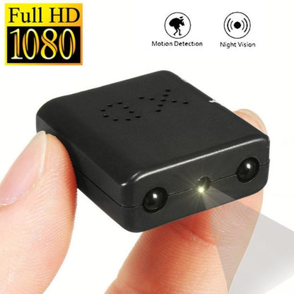 Compact black mini security camera with Full HD 1080p, motion detection, and night vision features