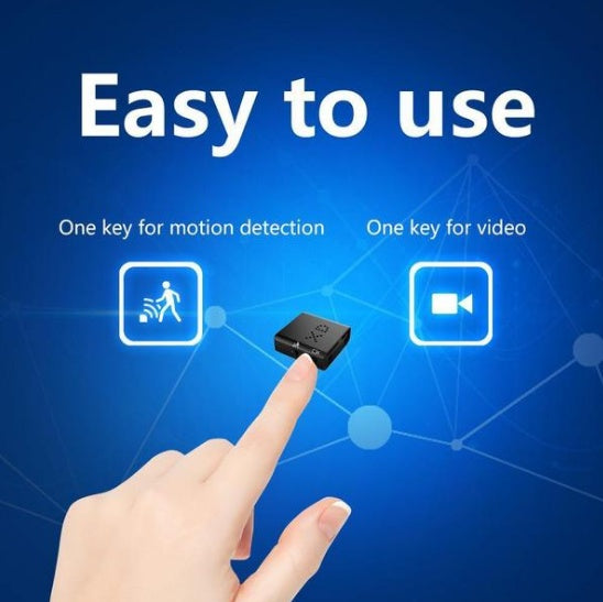 Finger pointing at compact black mini camera on blue background with motion detection and video icons