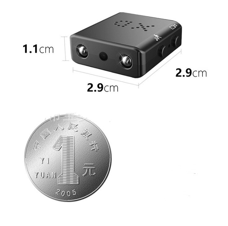 Compact black mini camera with dimensions 2.9x2.9x1.1 cm placed next to a 1 yuan coin for size comparison
