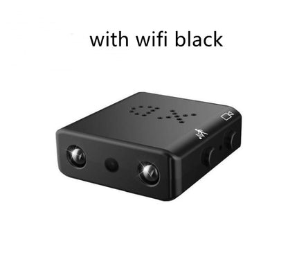 Black mini WiFi camera with 1080p HD, night vision, and motion detection features