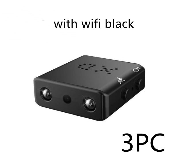 black mini WiFi camera with 1080p HD, night vision, motion detection, and control buttons