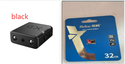 Black Trendoligy mini 1080p HD camera with night vision and WiFi next to 32GB Netac microSDHC memory card