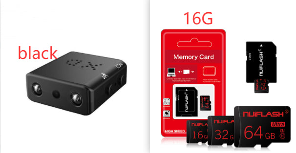 Black Trendoligy mini 1080p HD camera with WiFi, night vision, motion detection, and 16GB memory card