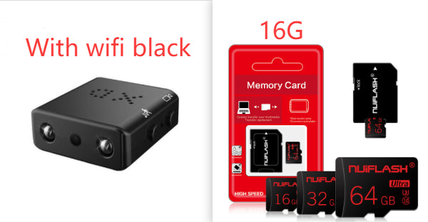 Black Trendoligy mini camera with WiFi and 16GB Nuiflash memory card packaging and multiple memory cards