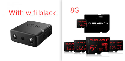 Compact black mini camera with WiFi and 8G storage alongside multiple NUFLASH memory cards up to 128GB