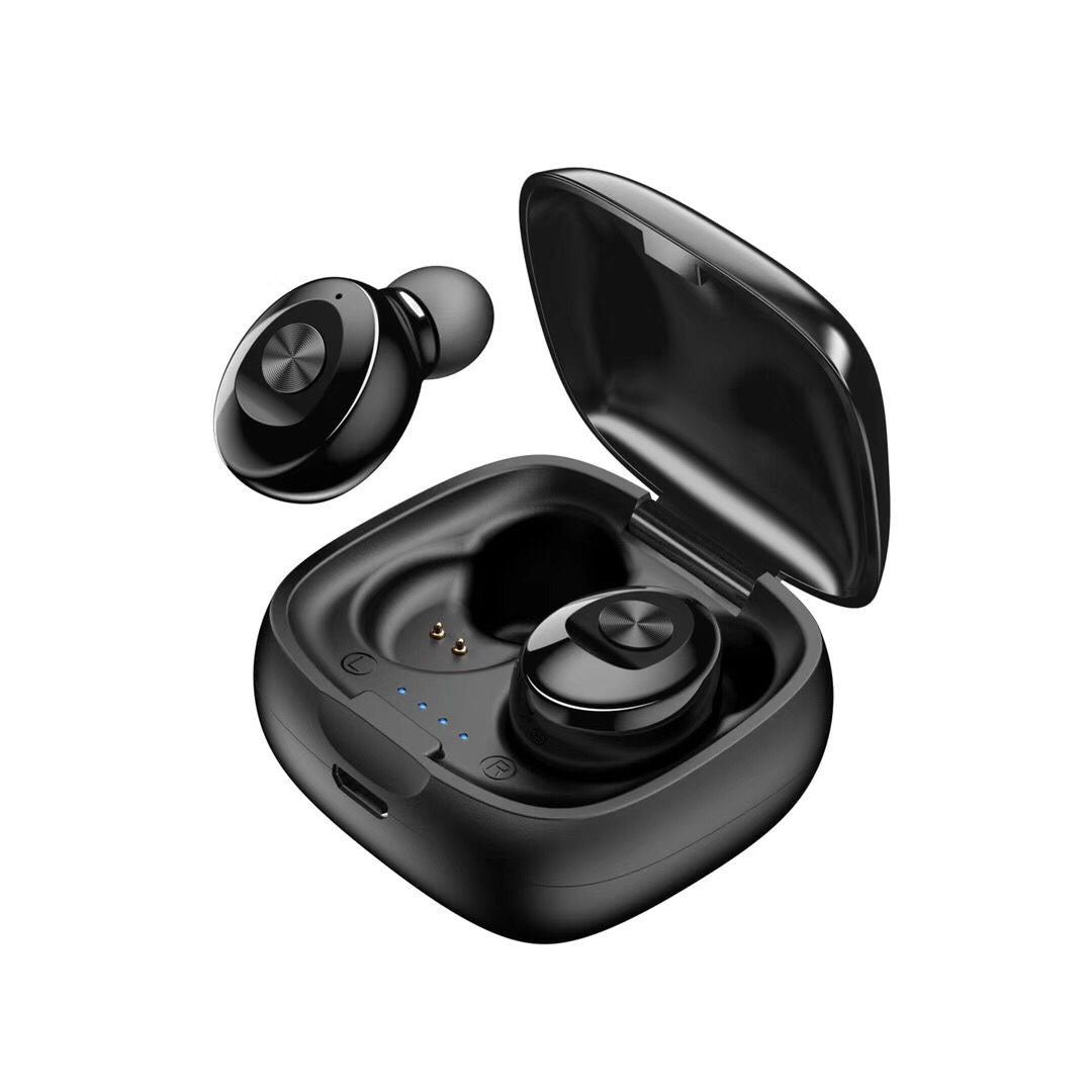 Black wireless sport earbuds with charging case showing LED battery indicators and one earbud outside