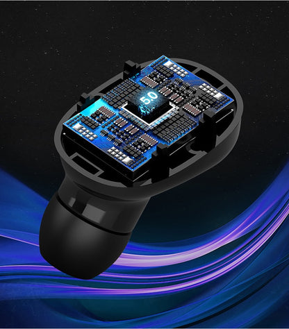 Close-up of black wireless earbud showing blue circuit board with glowing 5.0 chip, tech background