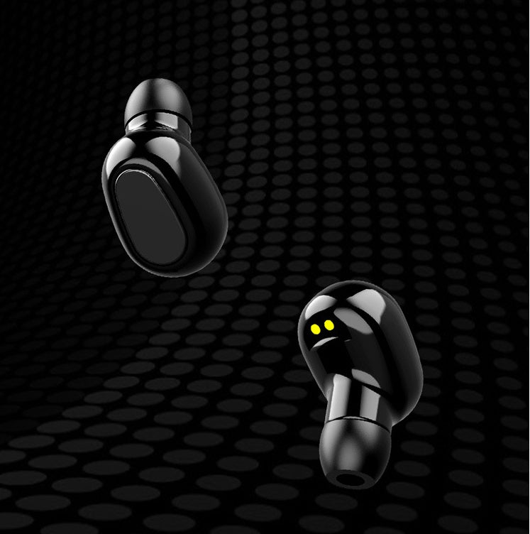 Black wireless earbuds with sleek design and yellow indicator lights on dark dotted background
